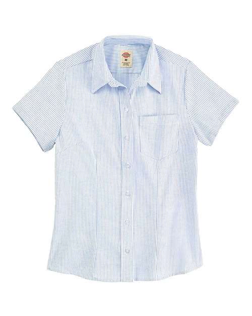 Dickies Women's Short Sleeve Stretch Oxford Shirt in Blue/White Stripe