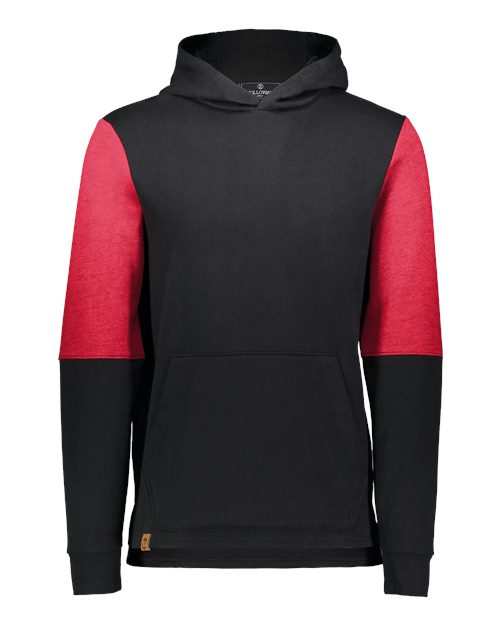 Holloway Youth All-American Team Fleece Colorblocked Hooded Sweatshirt in Black/Scarlet Heather, front view